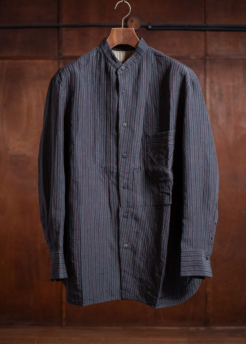 ZIGGY CHEN Pleated Mandarin Collar Shirt Dark Gray 0M2500703