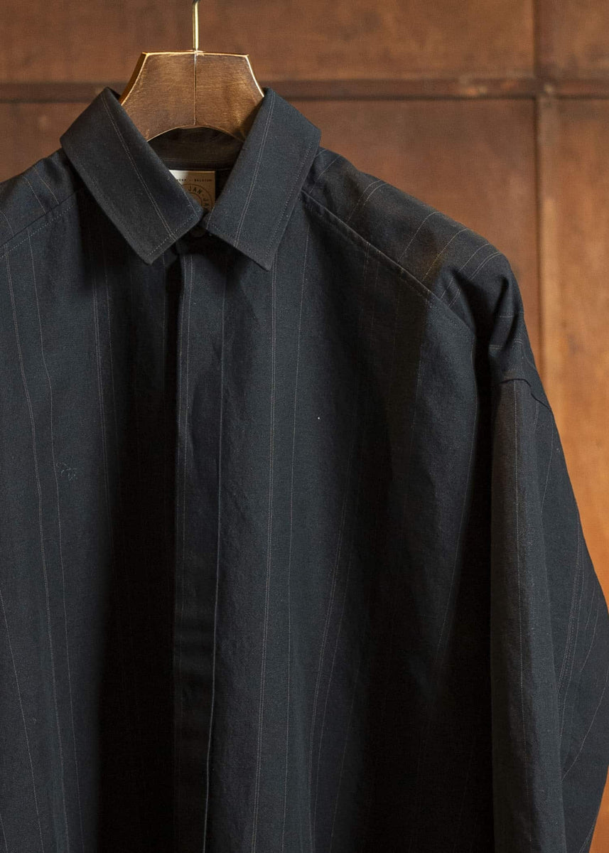 JAN-JAN VAN ESSCHE SHIRT#106-FINE STRIPE CLOTH BLACK Regular Long