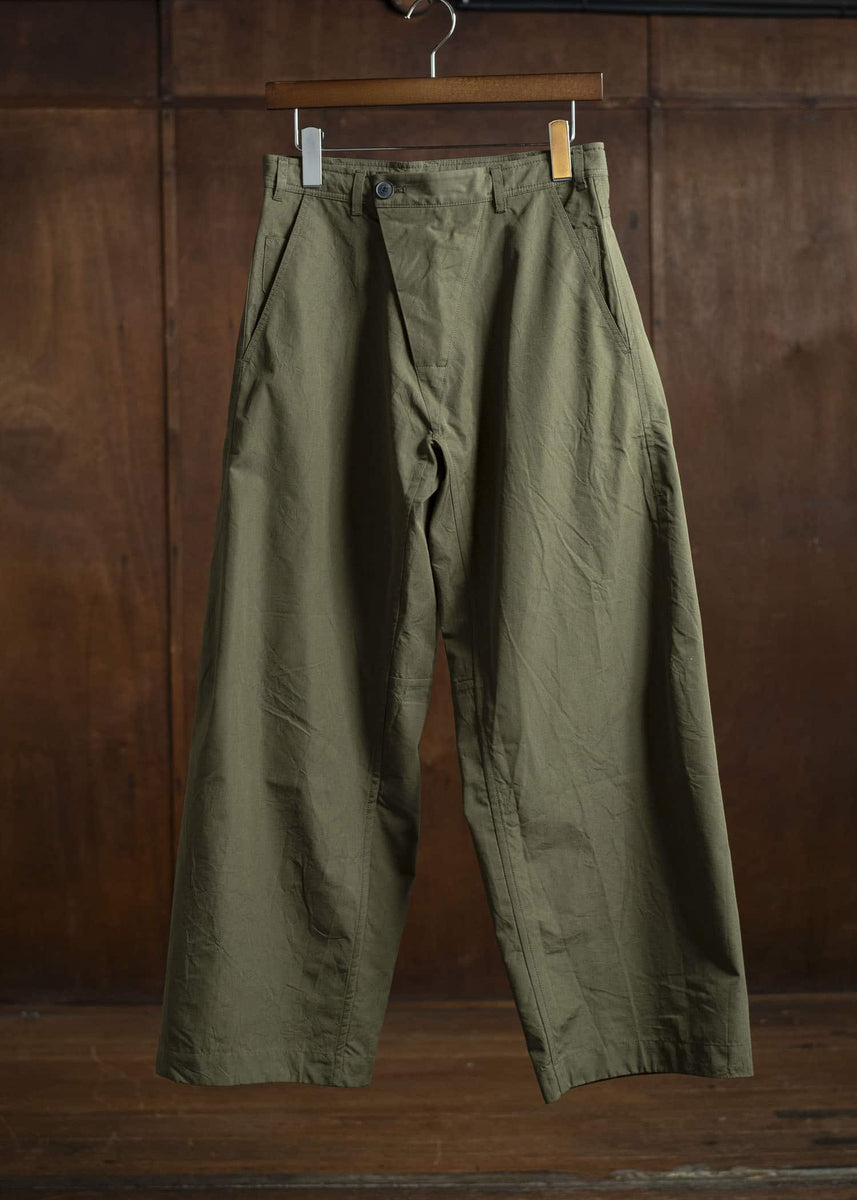 JAN-JAN VAN ESSCHE TROUSERS#84-COTTON SILK CANVAS ARMY GREEN