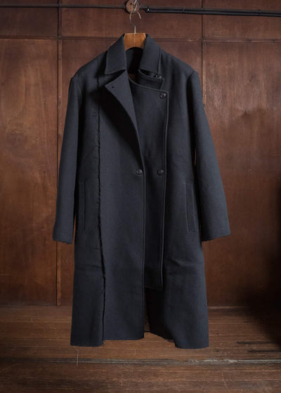 Professor.E RAW-EDGE DOUBLE-COLLAR LONG COAT BLACK 26FW-WN-LC-01