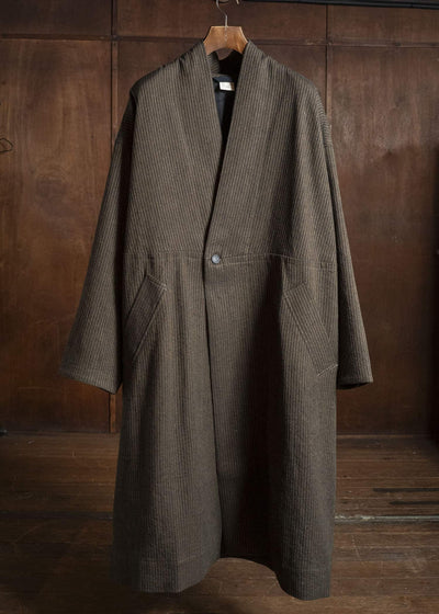 JAN-JAN VAN ESSCHE COAT#35 COAT WITH STANDING COLLAR,JET POCKETS, FULLY LINED Hemp Co Reed Twill | Khaki Striped