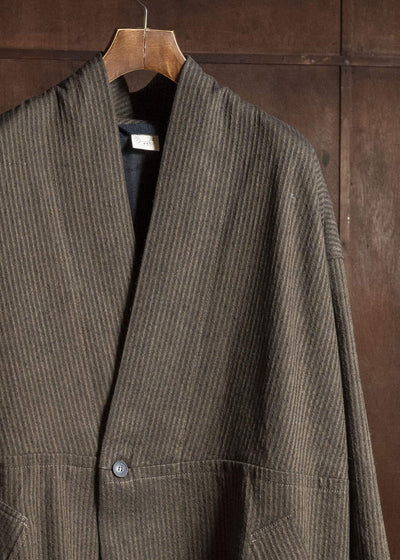 JAN-JAN VAN ESSCHE COAT#35 COAT WITH STANDING COLLAR,JET POCKETS, FULLY LINED Hemp Co Reed Twill | Khaki Striped