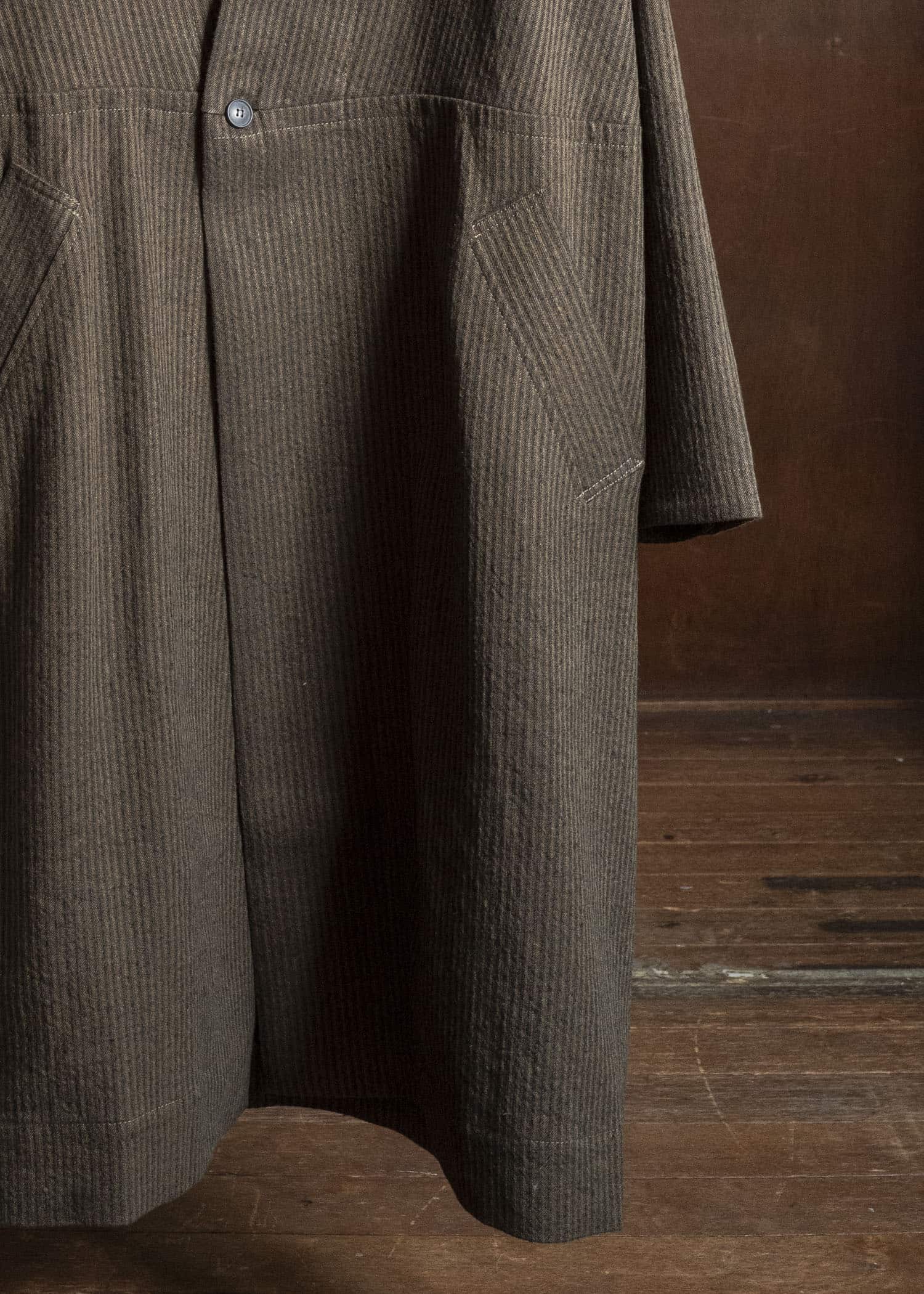 JAN-JAN VAN ESSCHE COAT#35 COAT WITH STANDING COLLAR,JET POCKETS, FULLY LINED Hemp Co Reed Twill | Khaki Striped