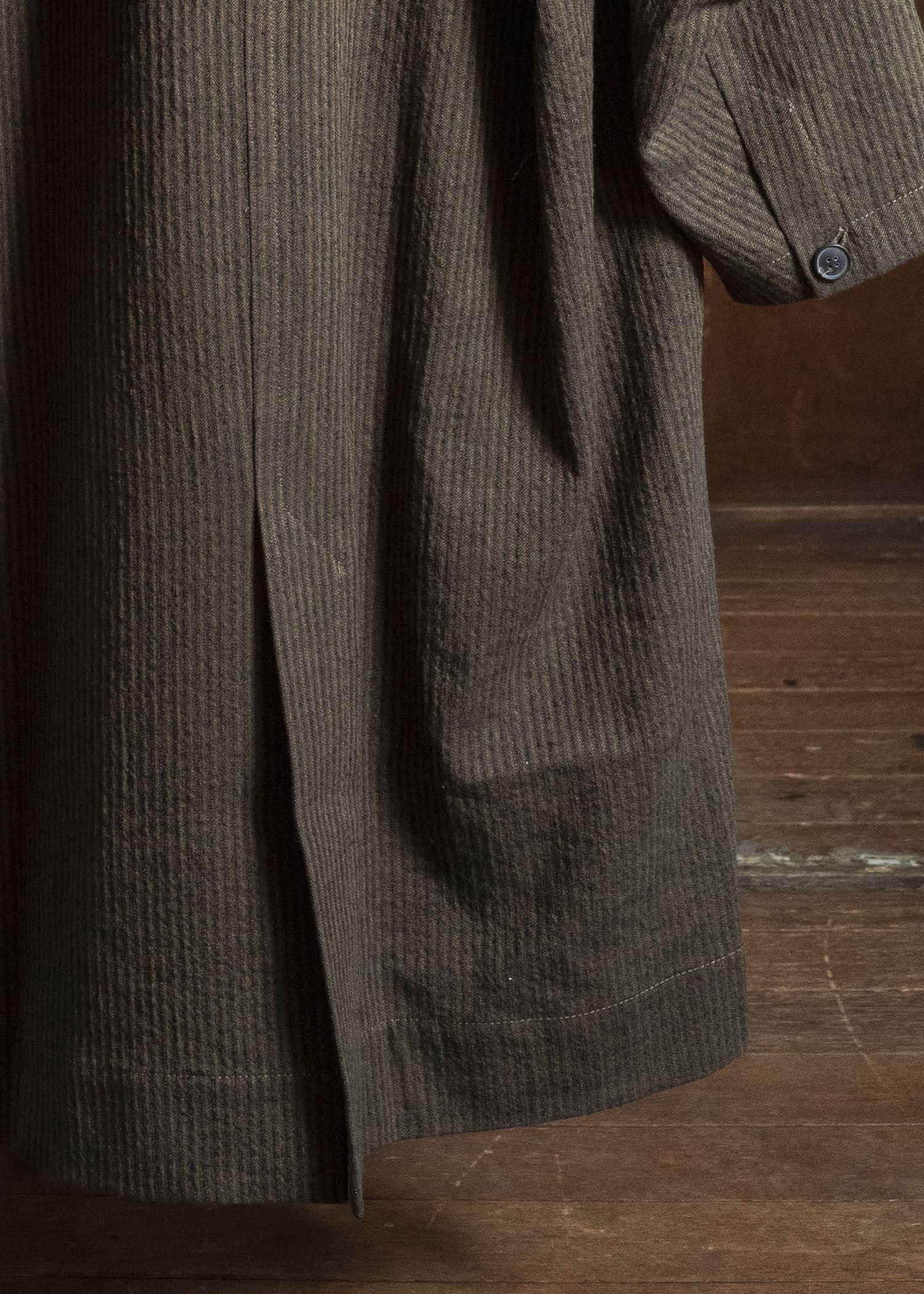 JAN-JAN VAN ESSCHE COAT#35 COAT WITH STANDING COLLAR,JET POCKETS, FULLY LINED Hemp Co Reed Twill | Khaki Striped