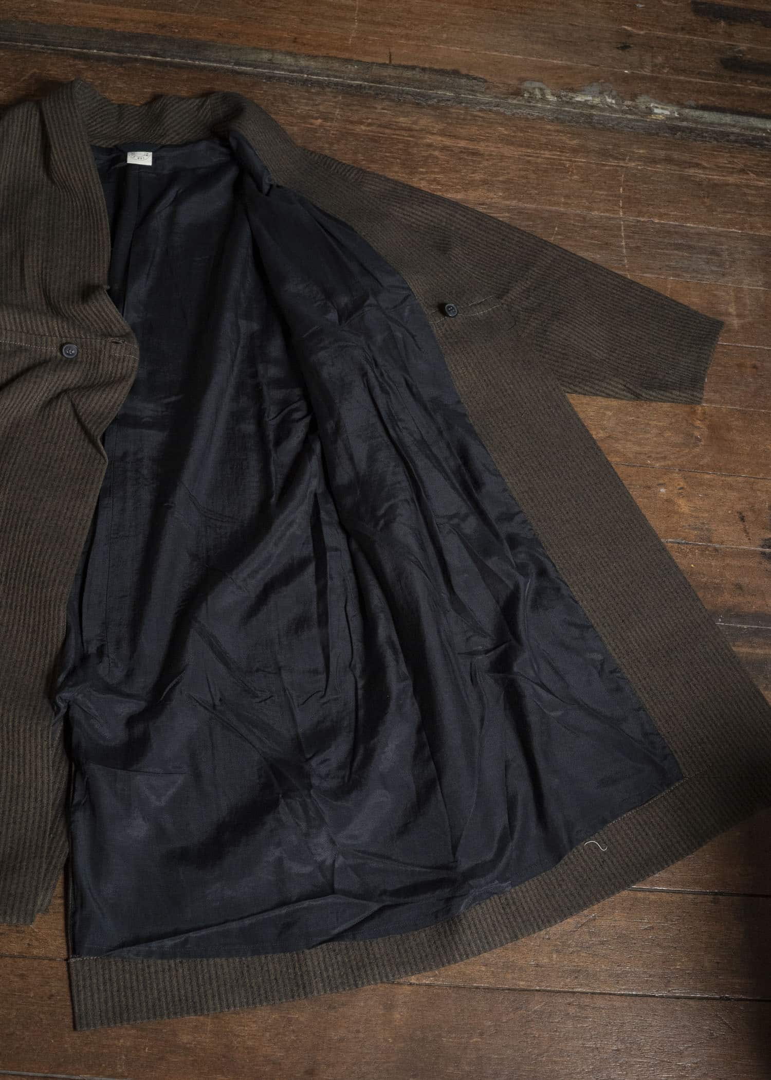 JAN-JAN VAN ESSCHE COAT#35 COAT WITH STANDING COLLAR,JET POCKETS, FULLY LINED Hemp Co Reed Twill | Khaki Striped