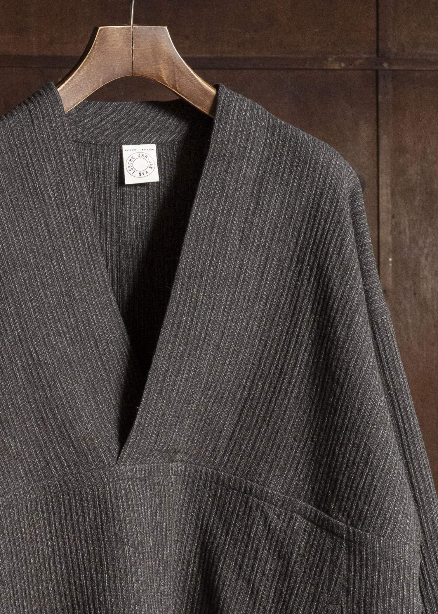 JAN-JAN VAN ESSCHE SWEAT#70 WOVEN SWEAT WITH FRONT POCKETS AND DRAWSTRING Yak Linen Cotton | Brown Striped