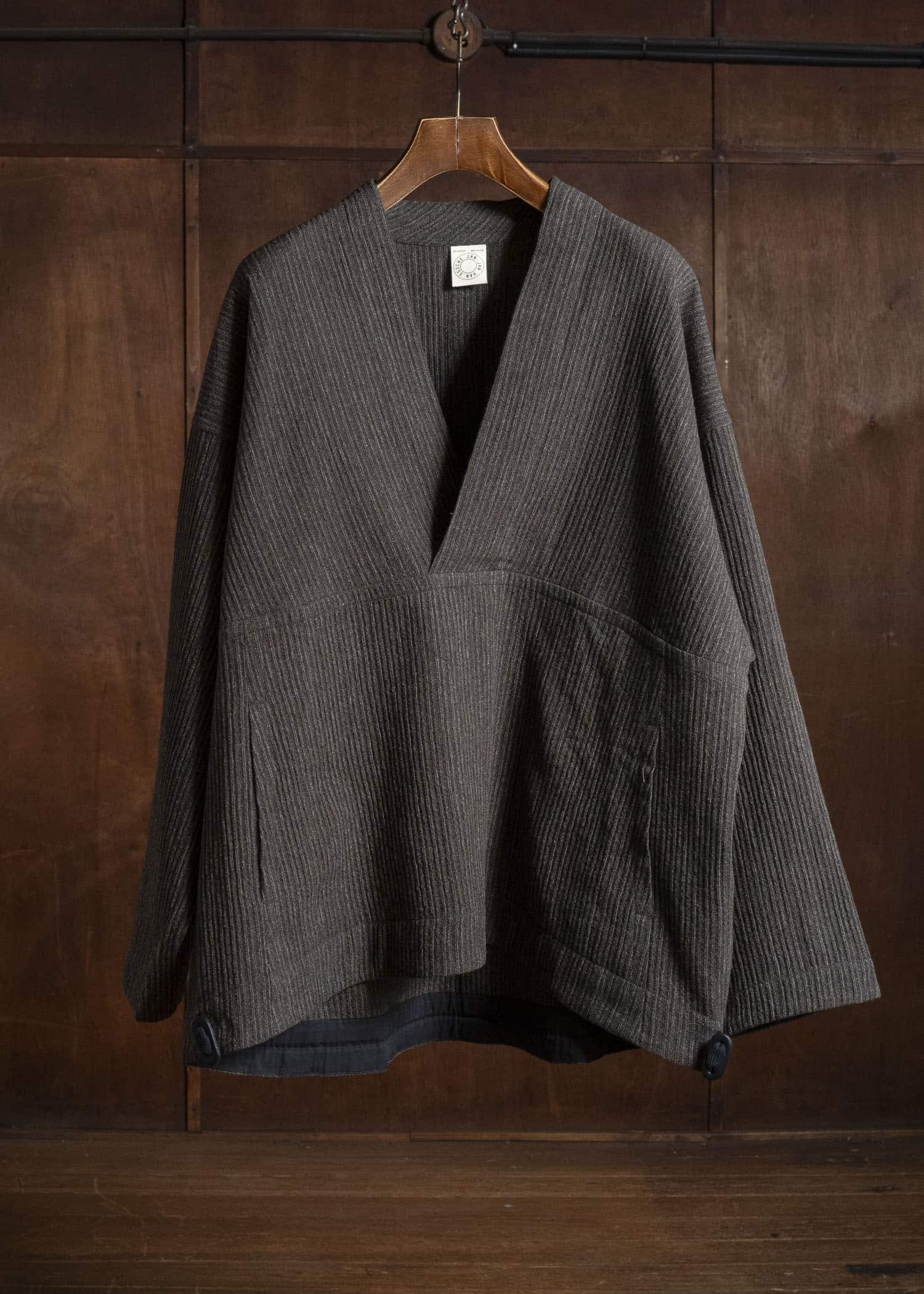 JAN-JAN VAN ESSCHE SWEAT#70 WOVEN SWEAT WITH FRONT POCKETS AND DRAWSTRING Yak Linen Cotton | Brown Striped