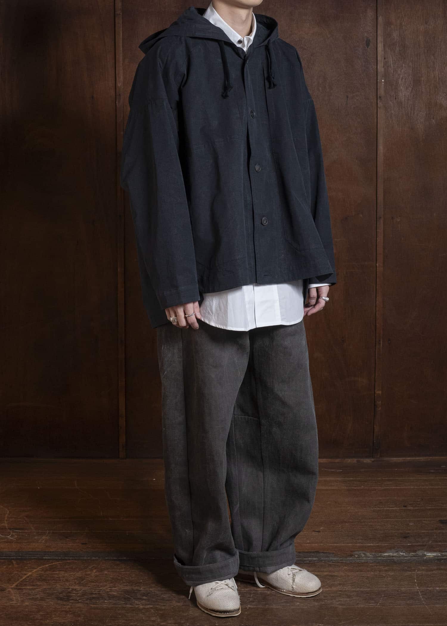 JAN-JAN VAN ESSCHE JACKET#65 HOODED JACKET WITH DOUBLE PATCH POCKETS, UNLINED | TIME WASHED LIGHT Off Black