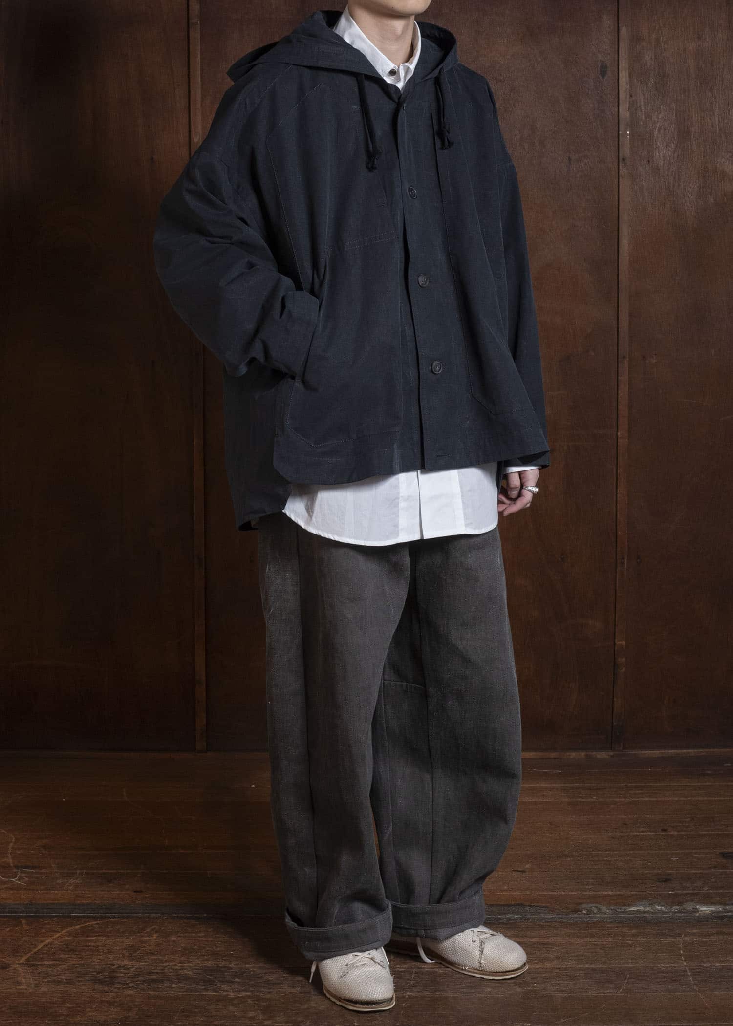 JAN-JAN VAN ESSCHE JACKET#65 HOODED JACKET WITH DOUBLE PATCH POCKETS, UNLINED | TIME WASHED LIGHT Off Black