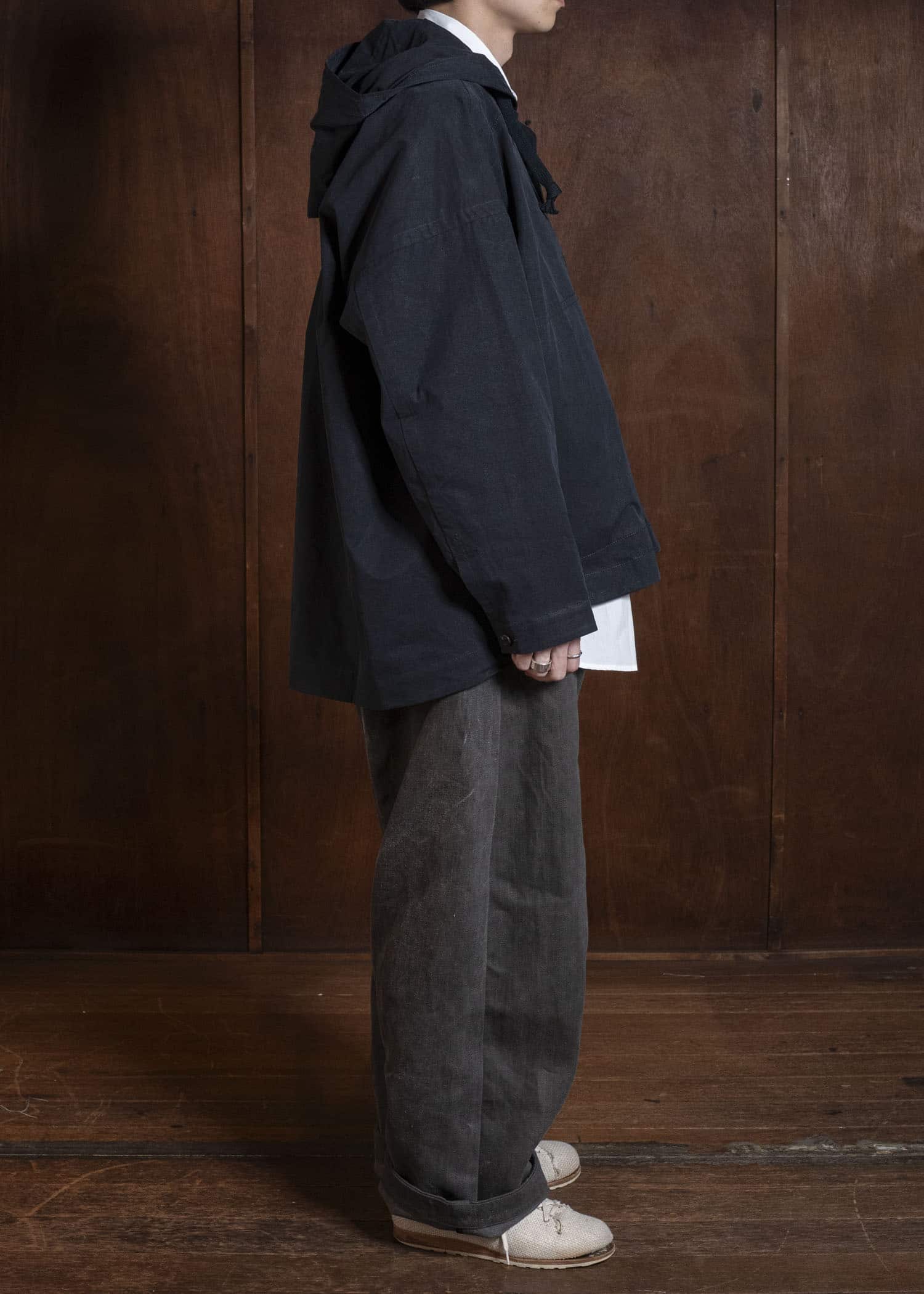 JAN-JAN VAN ESSCHE JACKET#65 HOODED JACKET WITH DOUBLE PATCH POCKETS, UNLINED | TIME WASHED LIGHT Off Black