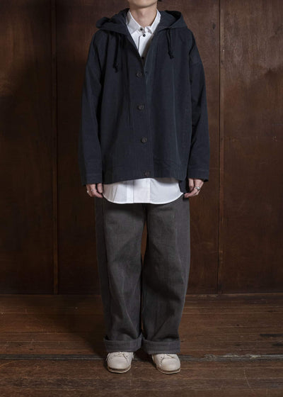 JAN-JAN VAN ESSCHE JACKET#65 HOODED JACKET WITH DOUBLE PATCH POCKETS, UNLINED | TIME WASHED LIGHT Off Black