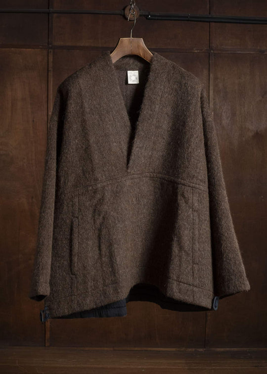 JAN-JAN VAN ESSCHE SWEAT#70 WOVEN SWEAT WITH FRONT POCKETS AND DRAWSTRING Highpile Herringbone | Brown Alpaca