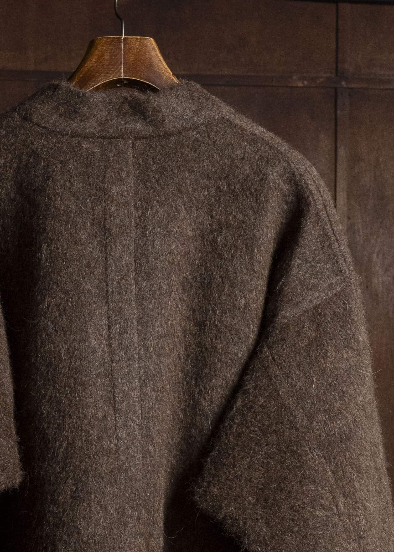 JAN-JAN VAN ESSCHE SWEAT#70 WOVEN SWEAT WITH FRONT POCKETS AND DRAWSTRING Highpile Herringbone | Brown Alpaca
