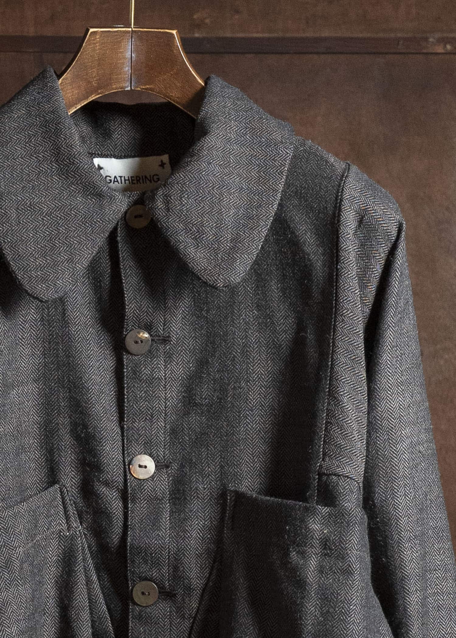 Gathering Textiles Farmer Jacket Handwoven Herrinbone Wool, Black And Gray Yarn FAJ02-HW-BK