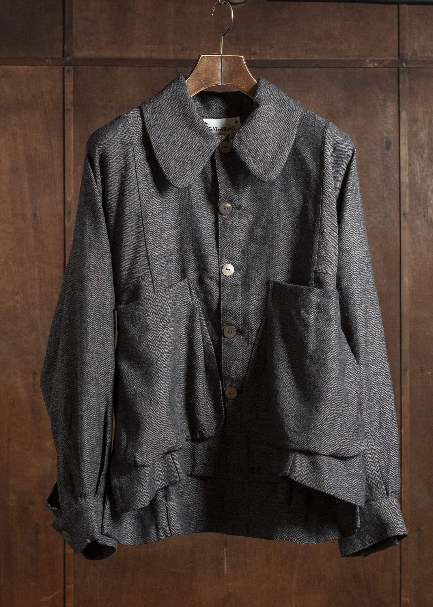 Gathering Textiles Farmer Jacket Handwoven Herrinbone Wool, Black And Gray Yarn FAJ02-HW-BK