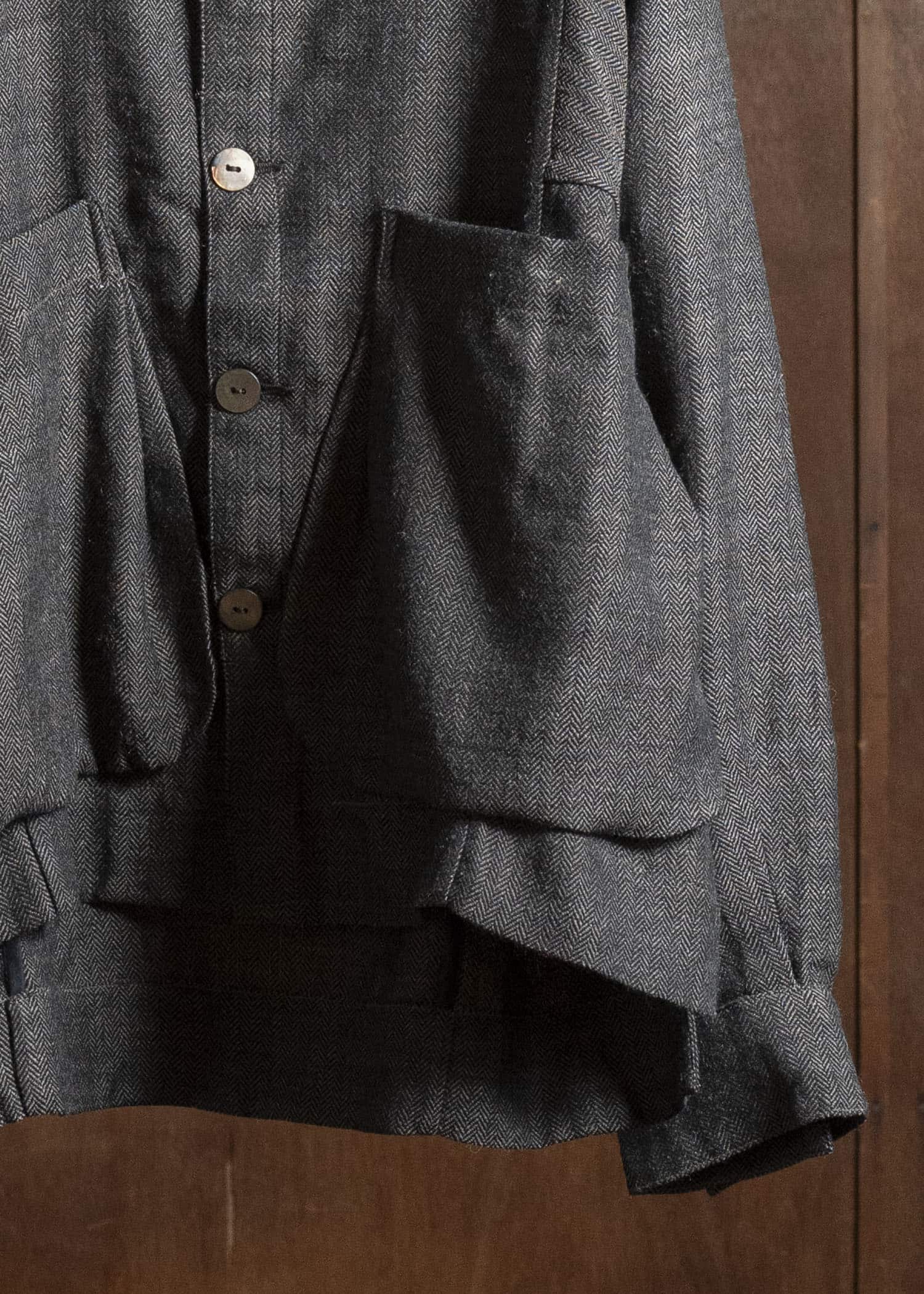 Gathering Textiles Farmer Jacket Handwoven Herrinbone Wool, Black And Gray Yarn FAJ02-HW-BK