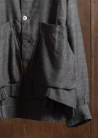 Gathering Textiles Farmer Jacket Handwoven Herrinbone Wool , Black And Grey Yarn FAJ02-HW-BK