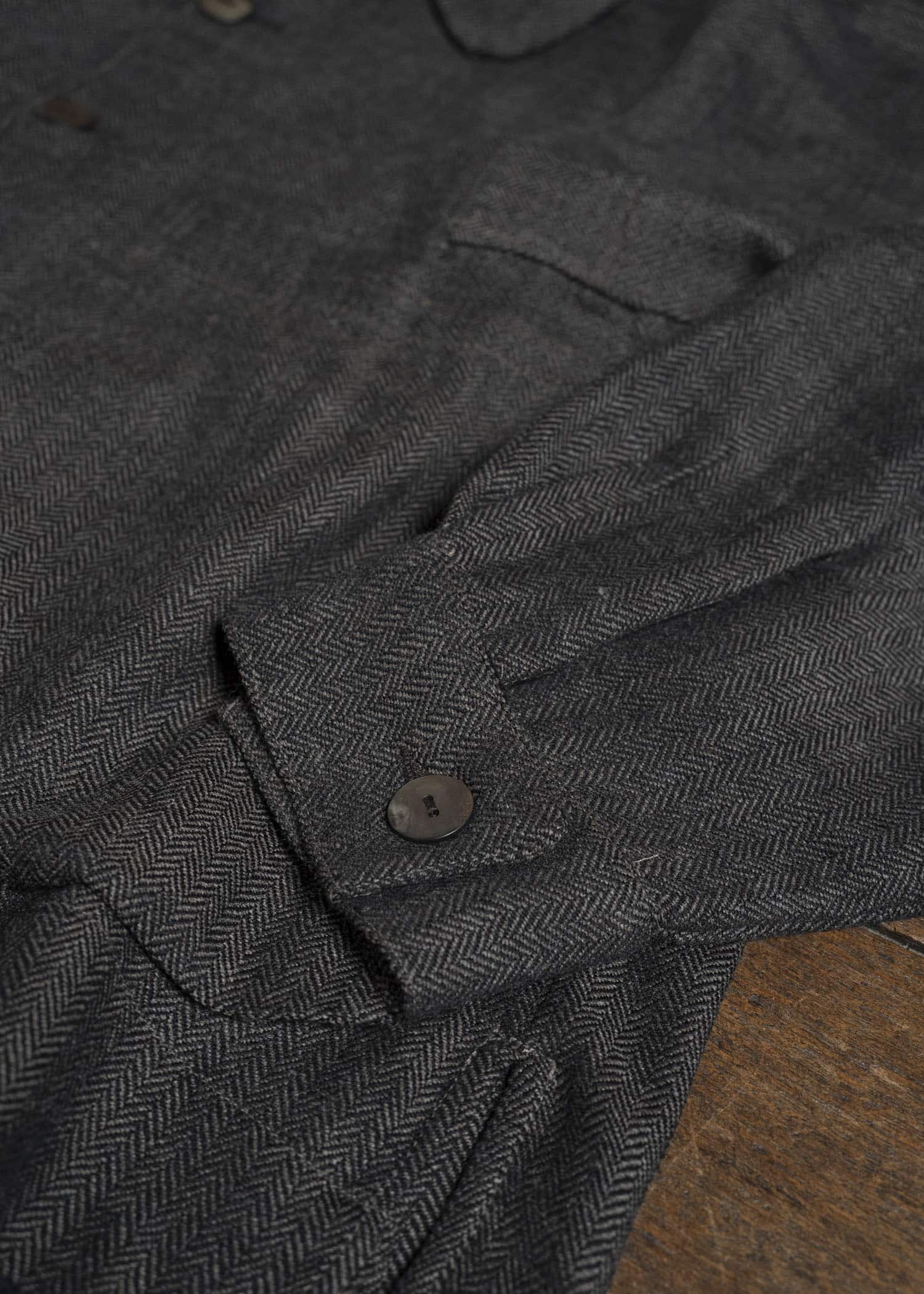 Gathering Textiles Farmer Jacket Handwoven Herrinbone Wool, Black And Gray Yarn FAJ02-HW-BK