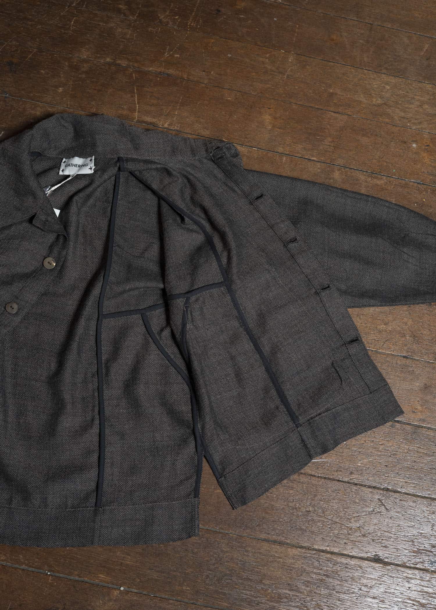 Gathering Textiles Farmer Jacket Handwoven Herrinbone Wool, Black And Gray Yarn FAJ02-HW-BK