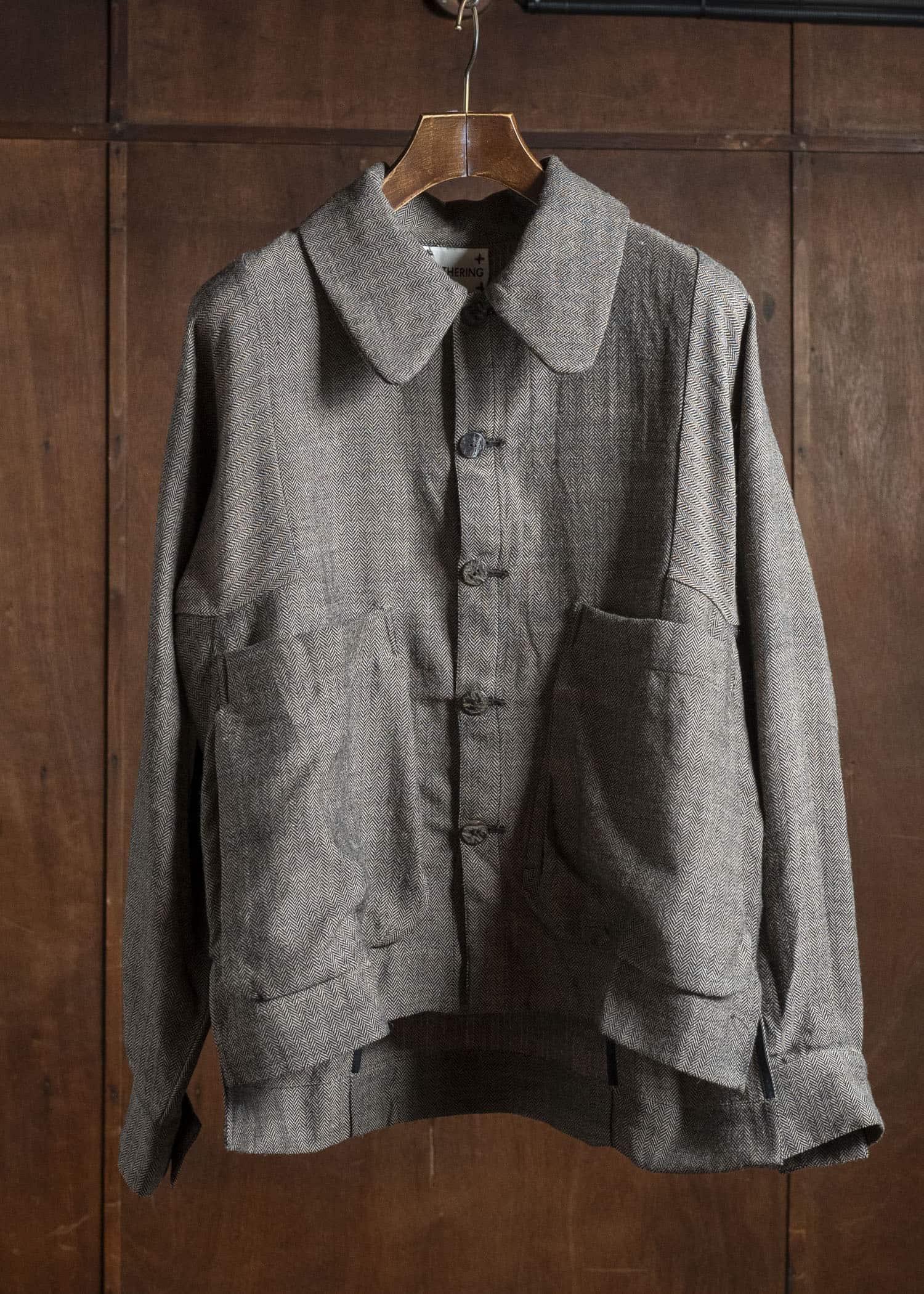 Gathering Textiles Farmer Jacket Handwoven Herrinbone Wool , Black And Brown Yarn FAJ02-HW-BR