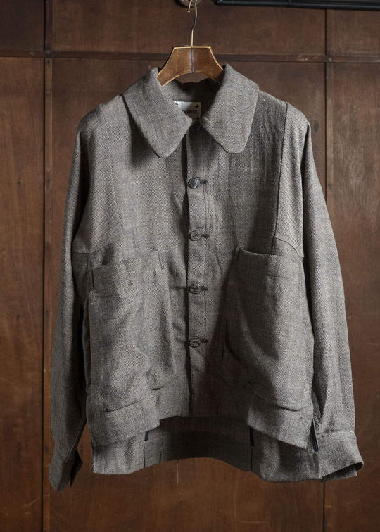 Gathering Textiles Farmer Jacket Handwoven Herrinbone Wool , Black And Brown Yarn FAJ02-HW-BR