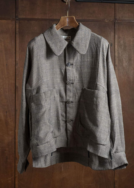 Gathering Textiles Farmer Jacket Handwoven Herrinbone Wool , Black And Brown Yarn FAJ02-HW-BR