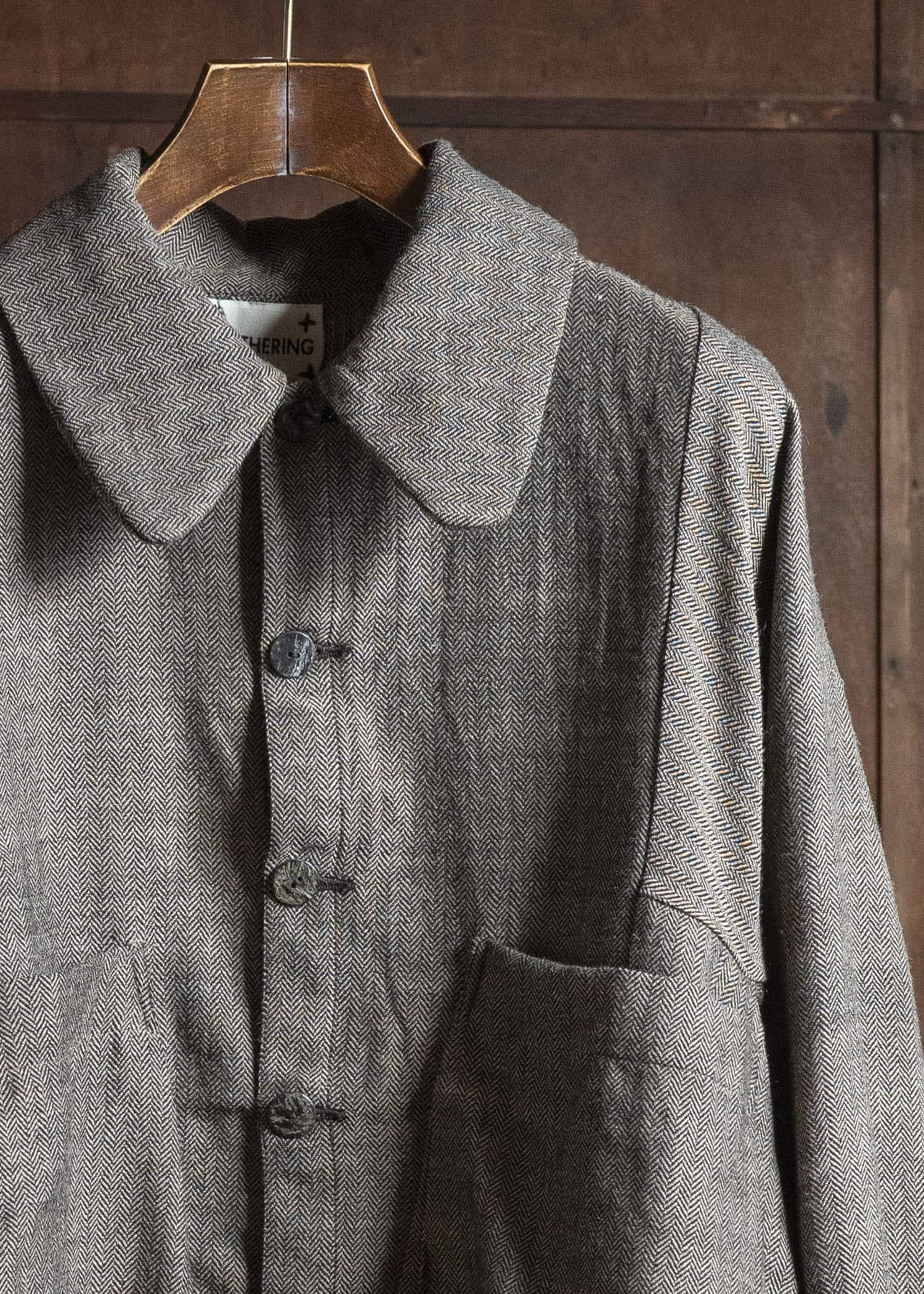 Gathering Textiles Farmer Jacket Handwoven Herrinbone Wool , Black And Brown Yarn FAJ02-HW-BR