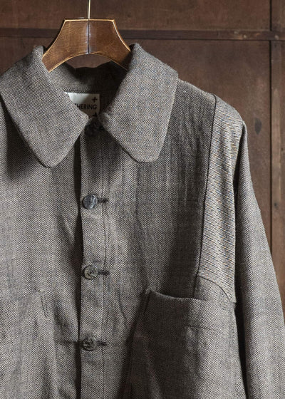 Gathering Textiles Farmer Jacket Handwoven Herrinbone Wool, Black And Brown Yarn FAJ02-HW-BR