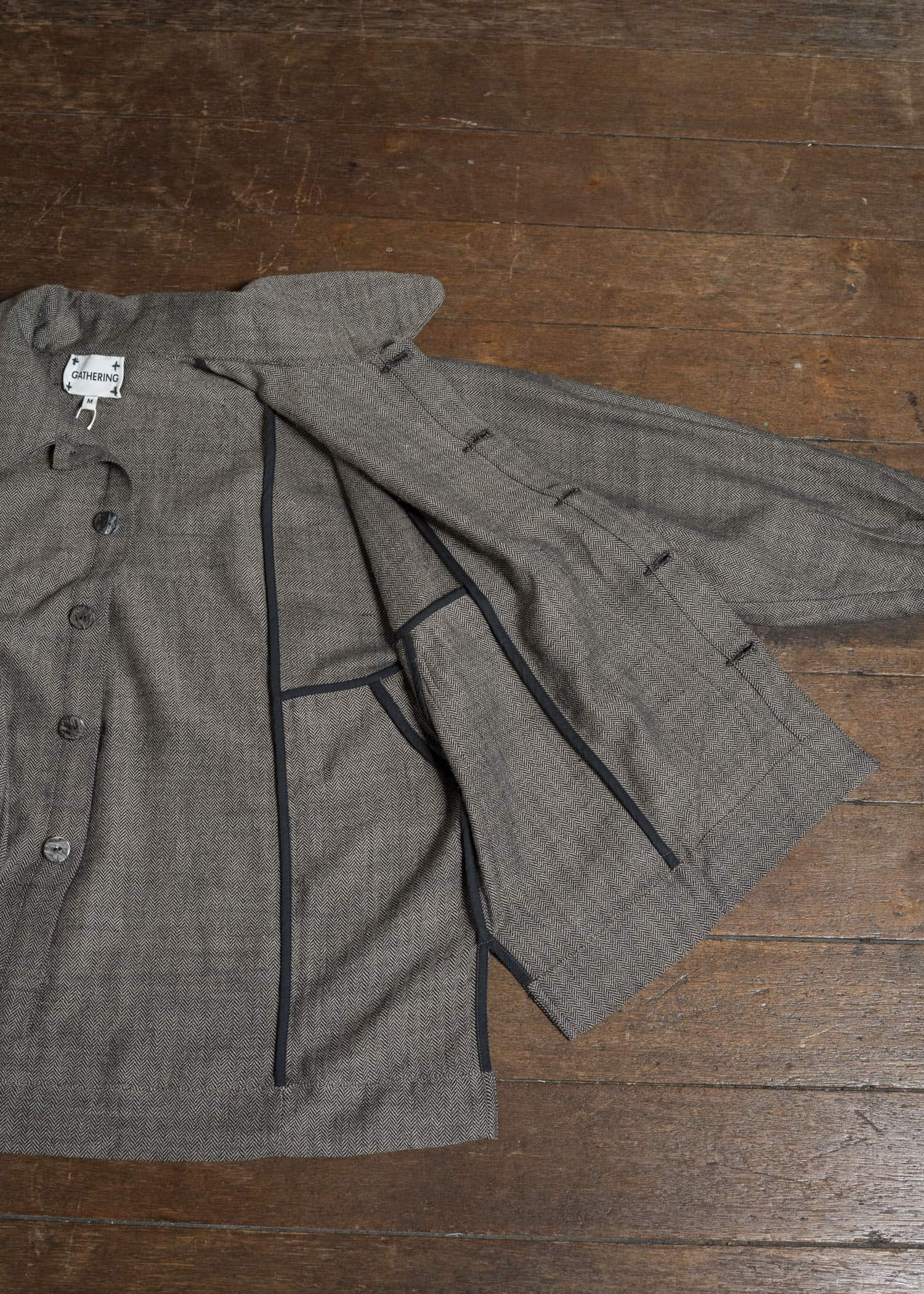 Gathering Textiles Farmer Jacket Handwoven Herrinbone Wool , Black And Brown Yarn FAJ02-HW-BR