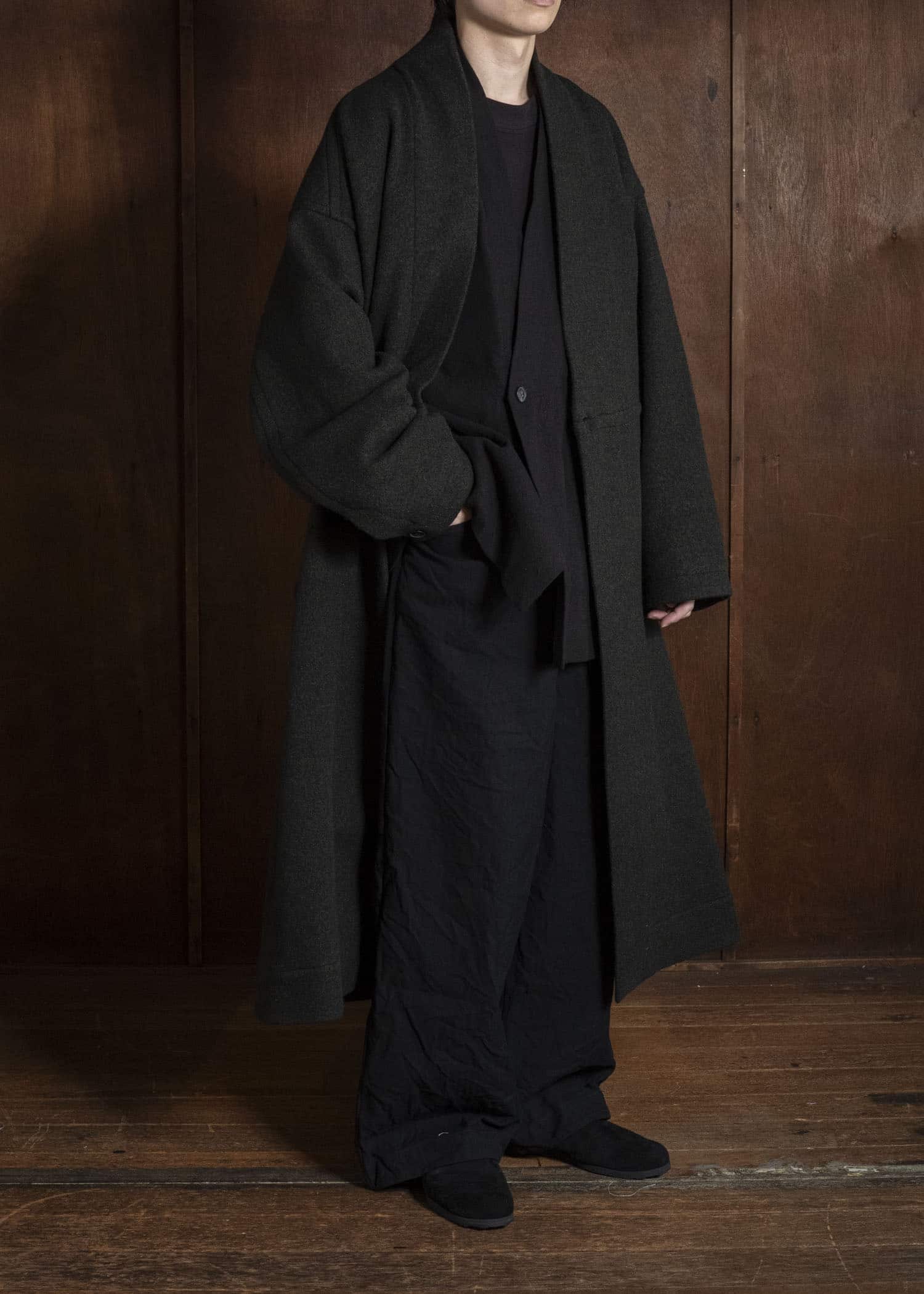 JAN-JAN VAN ESSCHE COAT#35 COAT WITH STANDING COLLAR,JET POCKETS, FULLY LINED Boiled Wool Sweat | Dark Forest