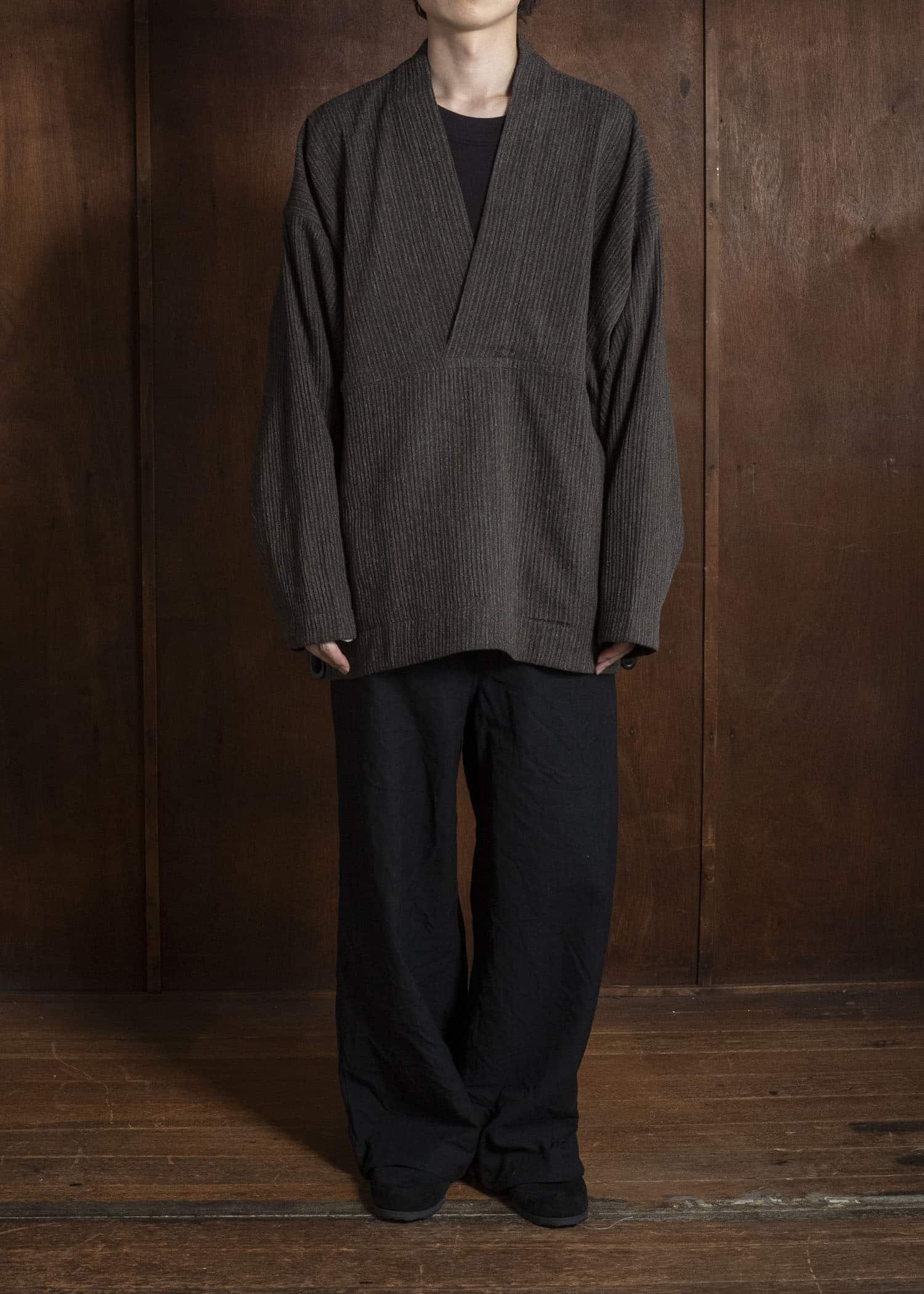 JAN-JAN VAN ESSCHE SWEAT#70 WOVEN SWEAT WITH FRONT POCKETS AND DRAWSTRING Yak Linen Cotton | Brown Striped