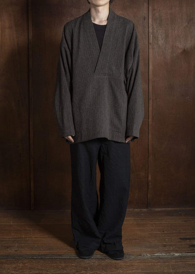 JAN-JAN VAN ESSCHE SWEAT#70 WOVEN SWEAT WITH FRONT POCKETS AND DRAWSTRING Yak Linen Cotton | Brown Striped