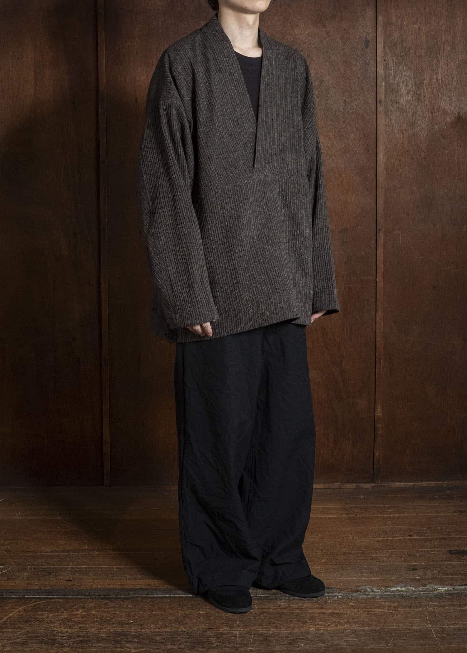 JAN-JAN VAN ESSCHE SWEAT#70 WOVEN SWEAT WITH FRONT POCKETS AND DRAWSTRING Yak Linen Cotton | Brown Striped