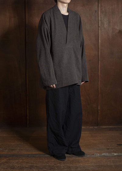 JAN-JAN VAN ESSCHE SWEAT#70 WOVEN SWEAT WITH FRONT POCKETS AND DRAWSTRING Yak Linen Cotton | Brown Striped