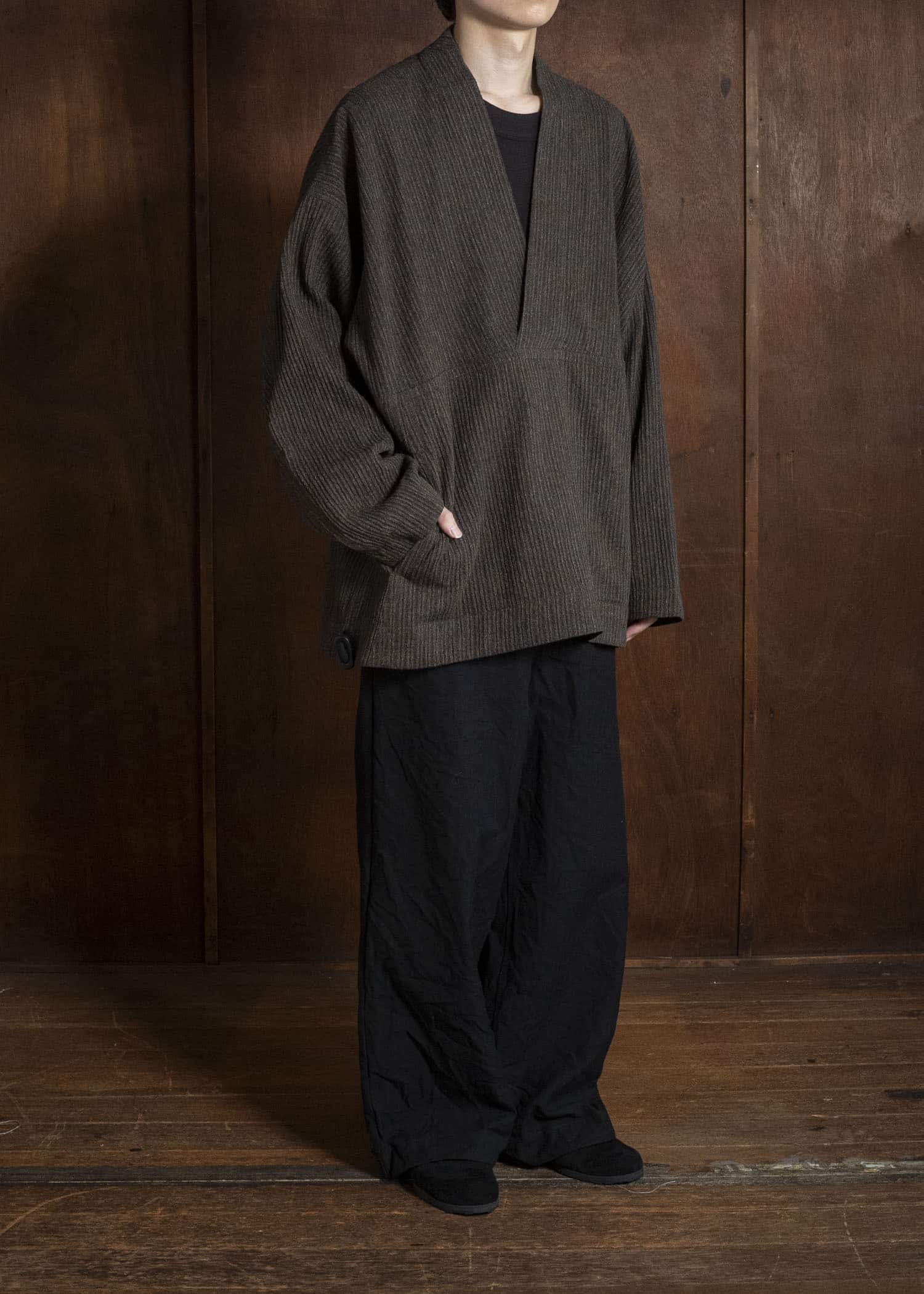 JAN-JAN VAN ESSCHE SWEAT#70 WOVEN SWEAT WITH FRONT POCKETS AND DRAWSTRING Yak Linen Cotton | Brown Striped