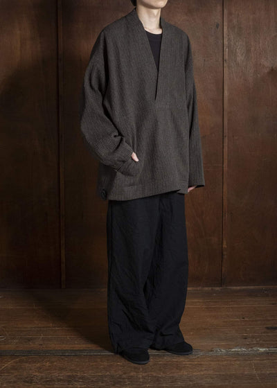 JAN-JAN VAN ESSCHE SWEAT#70 WOVEN SWEAT WITH FRONT POCKETS AND DRAWSTRING Yak Linen Cotton | Brown Striped