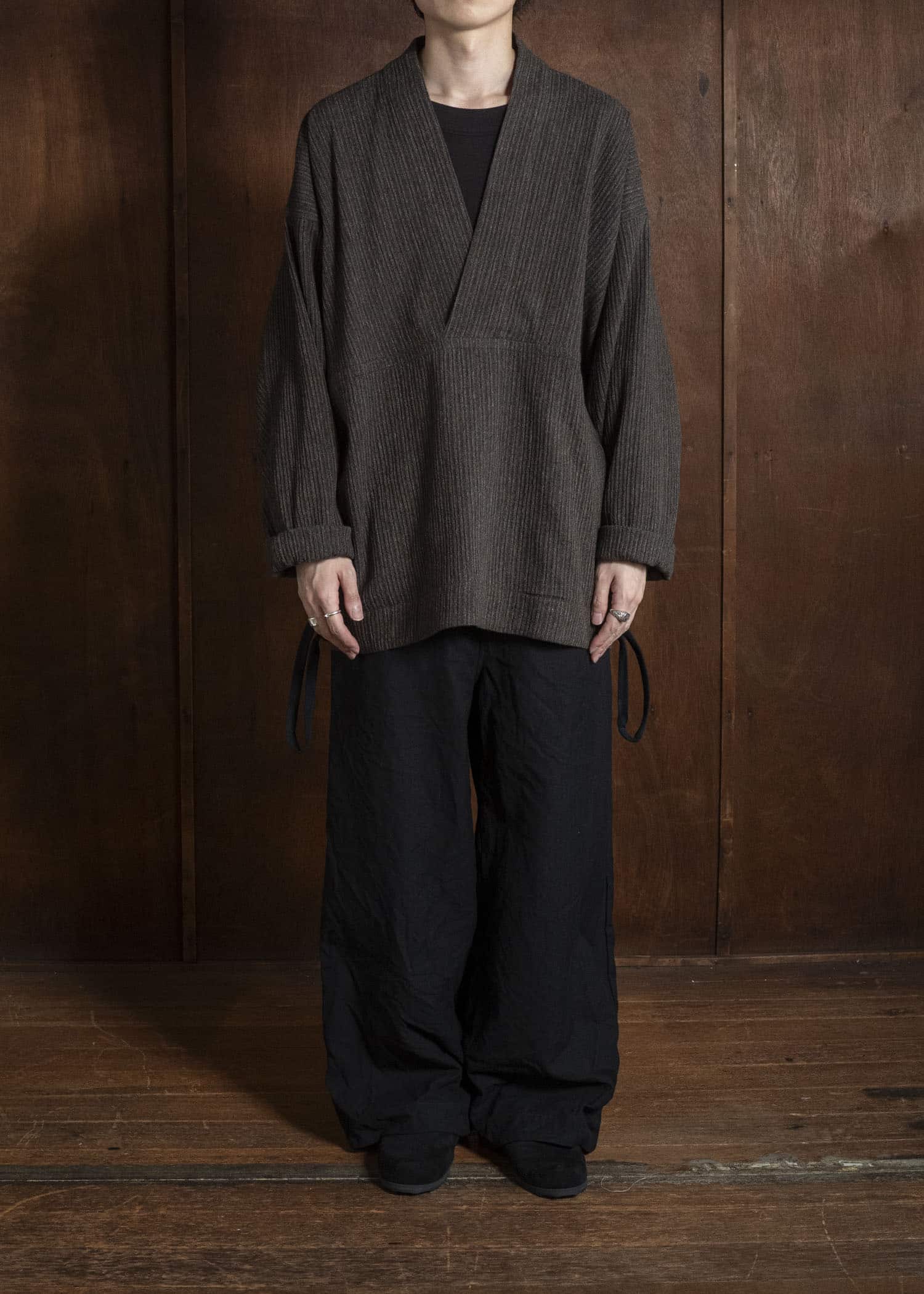 JAN-JAN VAN ESSCHE SWEAT#70 WOVEN SWEAT WITH FRONT POCKETS AND DRAWSTRING Yak Linen Cotton | Brown Striped