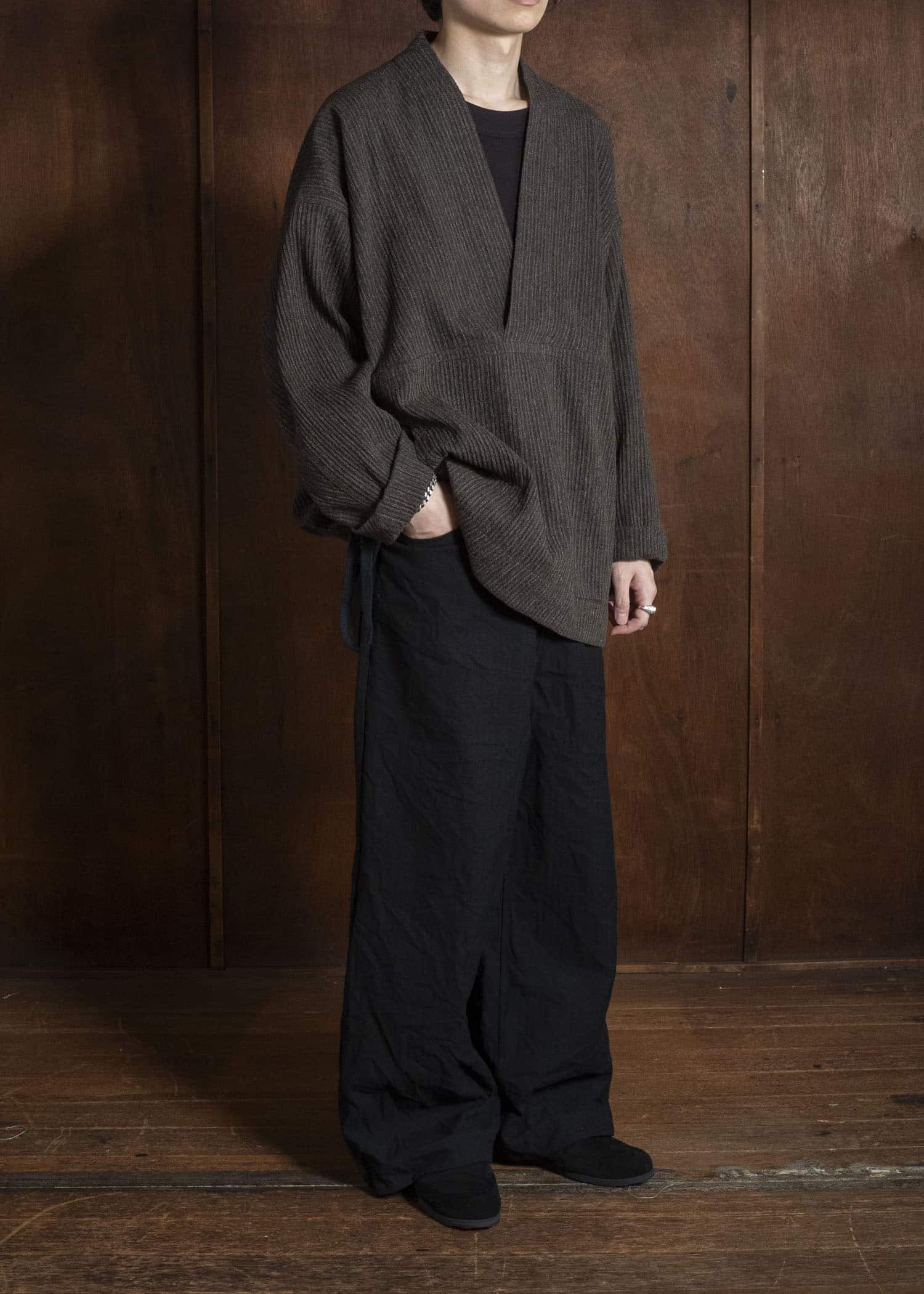 JAN-JAN VAN ESSCHE SWEAT#70 WOVEN SWEAT WITH FRONT POCKETS AND DRAWSTRING Yak Linen Cotton | Brown Striped