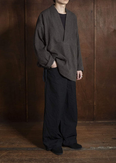 JAN-JAN VAN ESSCHE SWEAT#70 WOVEN SWEAT WITH FRONT POCKETS AND DRAWSTRING Yak Linen Cotton | Brown Striped