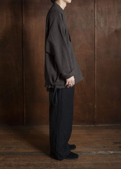 JAN-JAN VAN ESSCHE SWEAT#70 WOVEN SWEAT WITH FRONT POCKETS AND DRAWSTRING Yak Linen Cotton | Brown Striped
