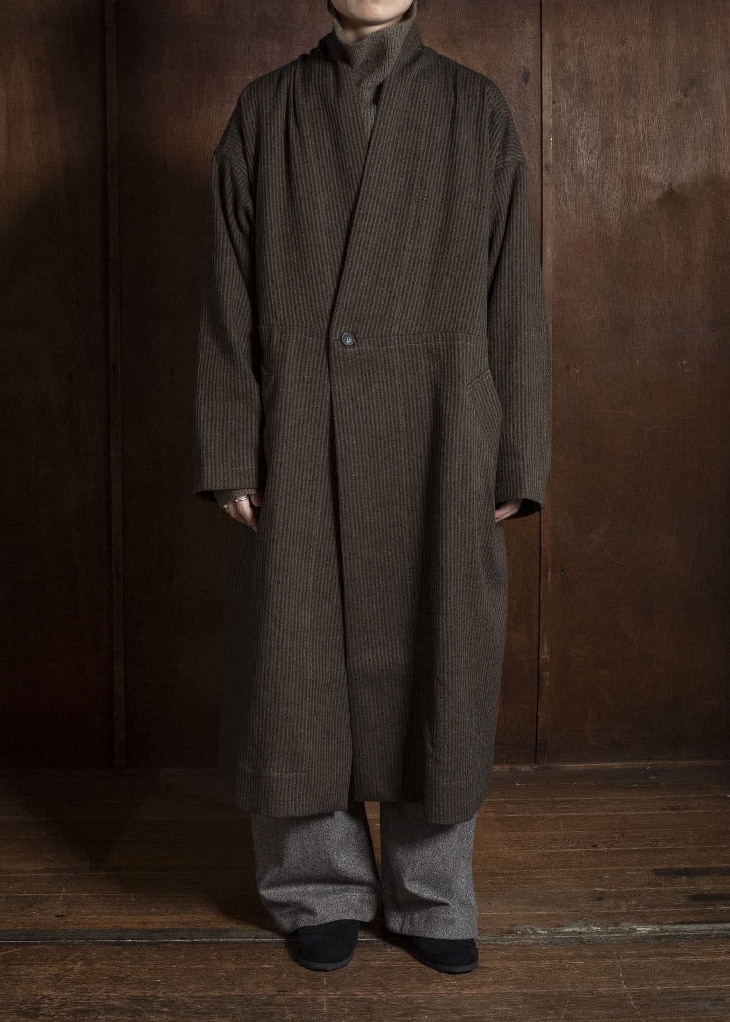JAN-JAN VAN ESSCHE COAT#35 COAT WITH STANDING COLLAR,JET POCKETS, FULLY LINED Hemp Co Reed Twill | Khaki Striped