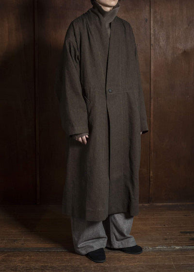 JAN-JAN VAN ESSCHE COAT#35 COAT WITH STANDING COLLAR,JET POCKETS, FULLY LINED Hemp Co Reed Twill | Khaki Striped