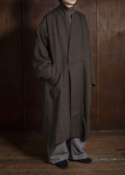 JAN-JAN VAN ESSCHE COAT#35 COAT WITH STANDING COLLAR,JET POCKETS, FULLY LINED Hemp Co Reed Twill | Khaki Striped
