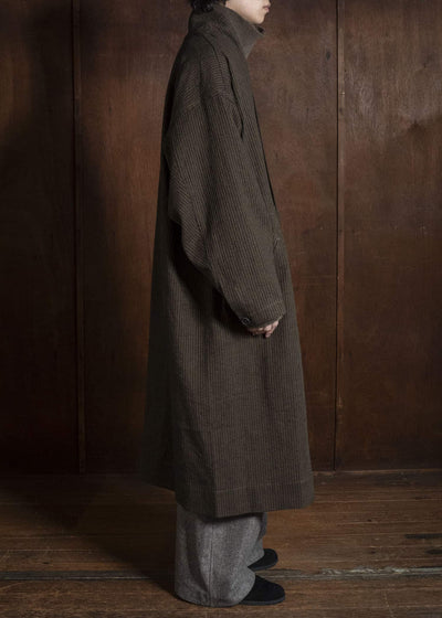 JAN-JAN VAN ESSCHE COAT#35 COAT WITH STANDING COLLAR,JET POCKETS, FULLY LINED Hemp Co Reed Twill | Khaki Striped