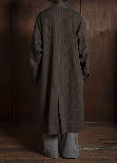 JAN-JAN VAN ESSCHE COAT#35 COAT WITH STANDING COLLAR,JET POCKETS, FULLY LINED Hemp Co Reed Twill | Khaki Striped