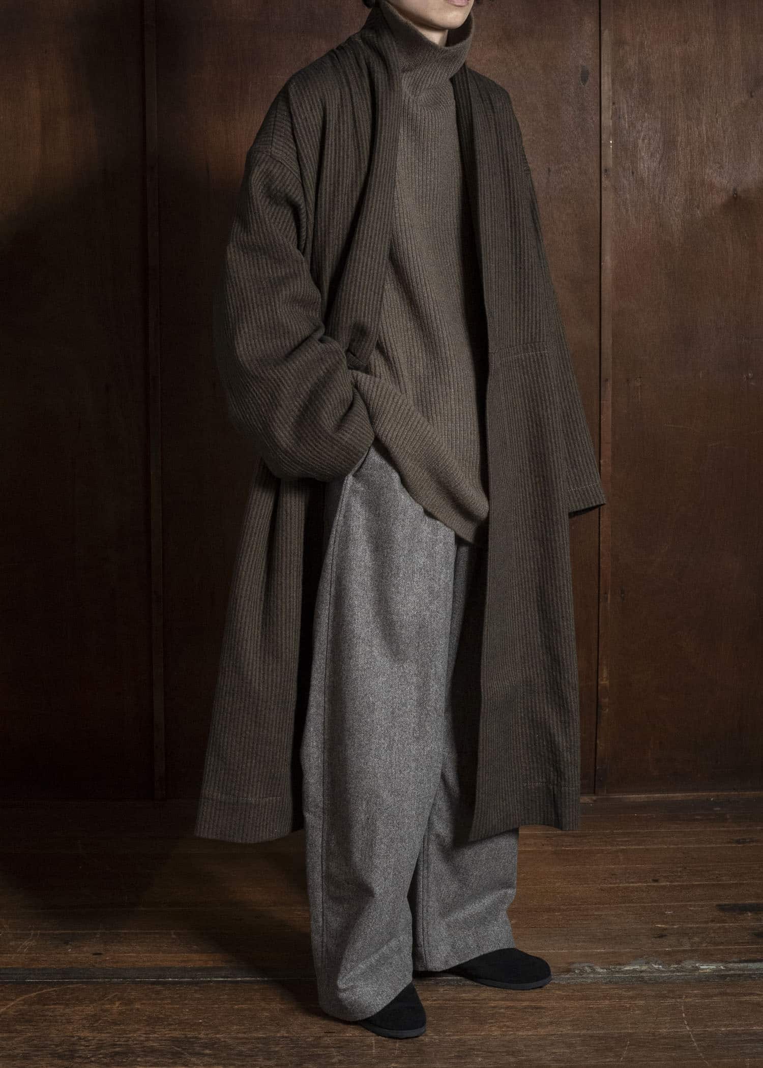 JAN-JAN VAN ESSCHE COAT#35 COAT WITH STANDING COLLAR,JET POCKETS, FULLY LINED Hemp Co Reed Twill | Khaki Striped