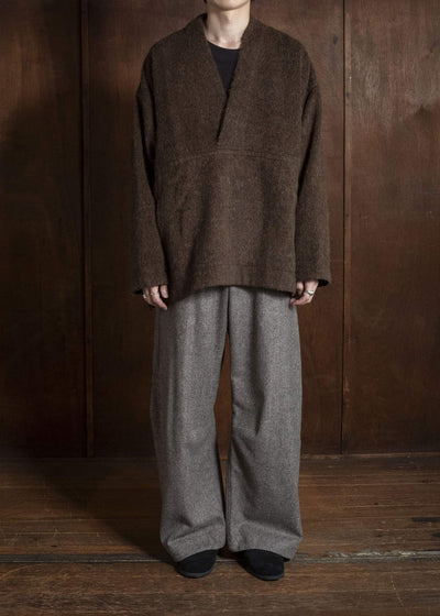 JAN-JAN VAN ESSCHE SWEAT#70 WOVEN SWEAT WITH FRONT POCKETS AND DRAWSTRING Highpile Herringbone | Brown Alpaca