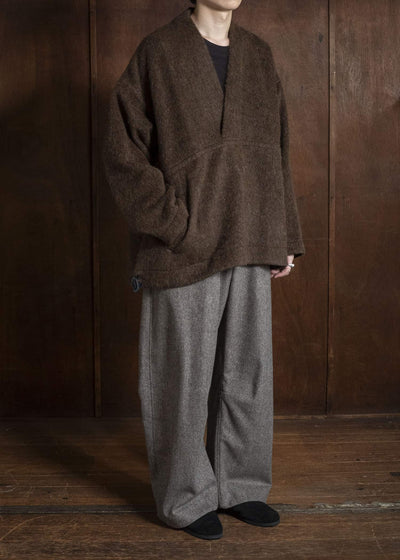 JAN-JAN VAN ESSCHE SWEAT#70 WOVEN SWEAT WITH FRONT POCKETS AND DRAWSTRING Highpile Herringbone | Brown Alpaca