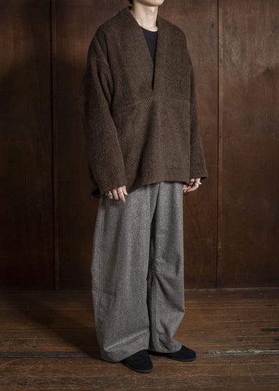 JAN-JAN VAN ESSCHE SWEAT#70 WOVEN SWEAT WITH FRONT POCKETS AND DRAWSTRING Highpile Herringbone | Brown Alpaca
