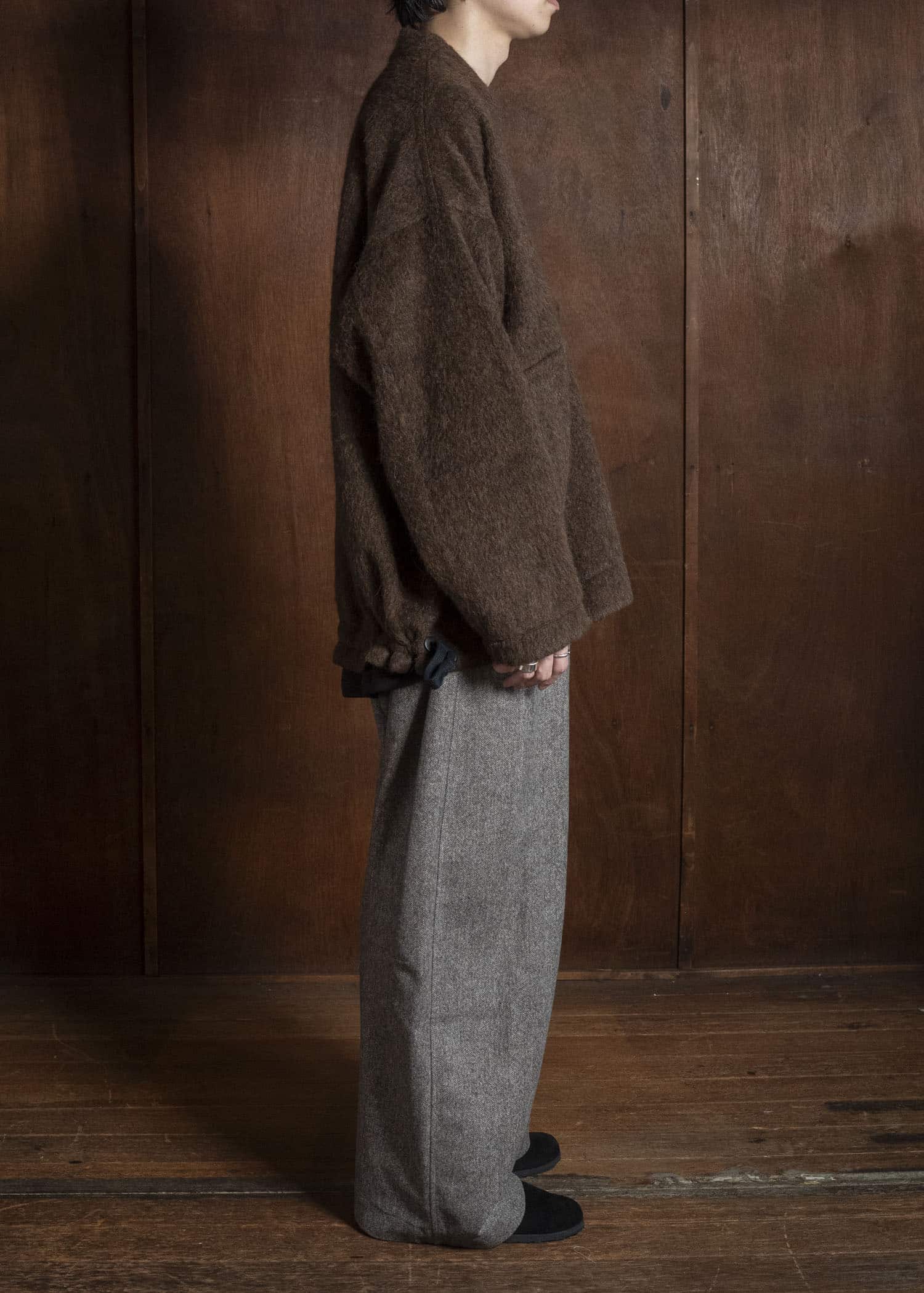 JAN-JAN VAN ESSCHE SWEAT#70 WOVEN SWEAT WITH FRONT POCKETS AND DRAWSTRING Highpile Herringbone | Brown Alpaca
